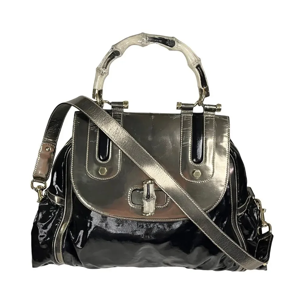 Gucci Dialux Pop Bamboo Top Handle Two Way Satchel Bag Black Silver Large